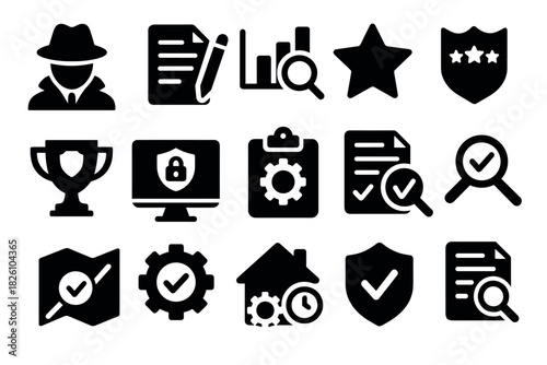 Business security and data analysis icons set in black silhouette style