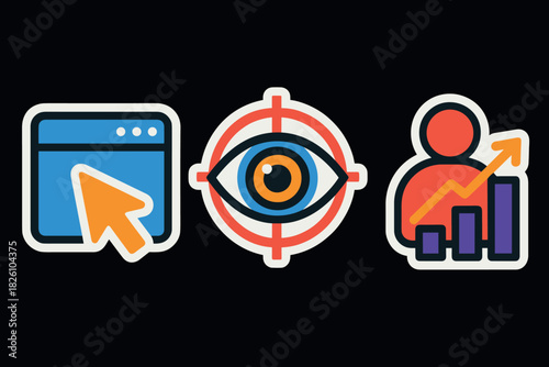 Colorful icon set representing website, targeted vision, and analytics growth