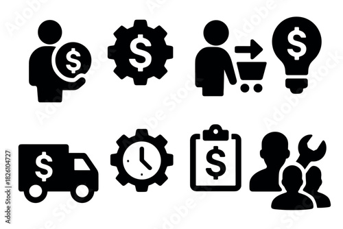 Financial and business icons collection money, innovation, and commerce symbols