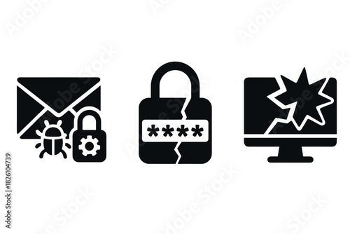 Cybersecurity icons malware, password protection, data breach