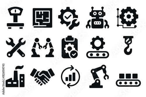 Industrial and robotic icons set in bold silhouette style for innovative automation design