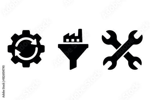 Industrial icon set gear, factory, and wrench silhouettes