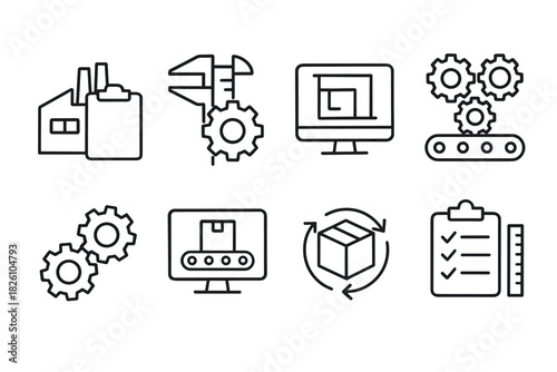Industrial icons set featuring machines and automation in linear style