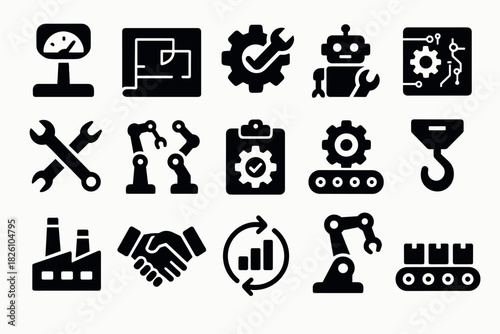 Industrial automation icons set featuring robots and machinery elements
