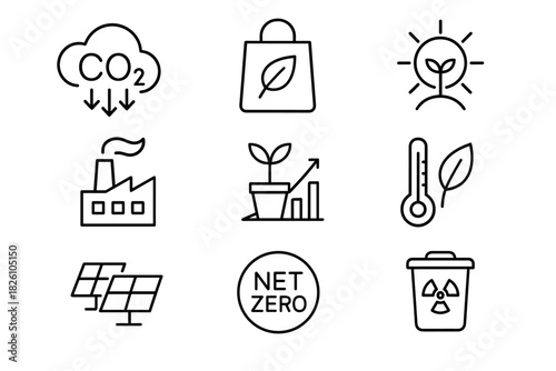 Ecofriendly icons climate action and sustainability symbols in linear style