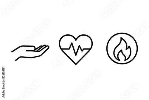 Minimalist icons helping hand, heartbeat, flame – modern line art collection