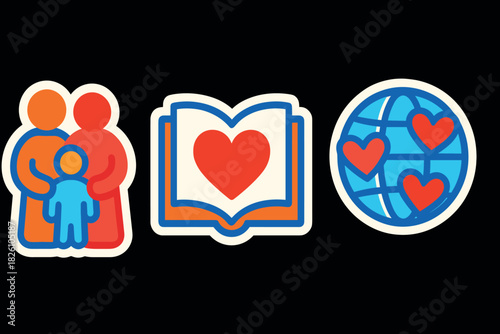 Colorful icons of family, book with heart, and world with hearts on black background