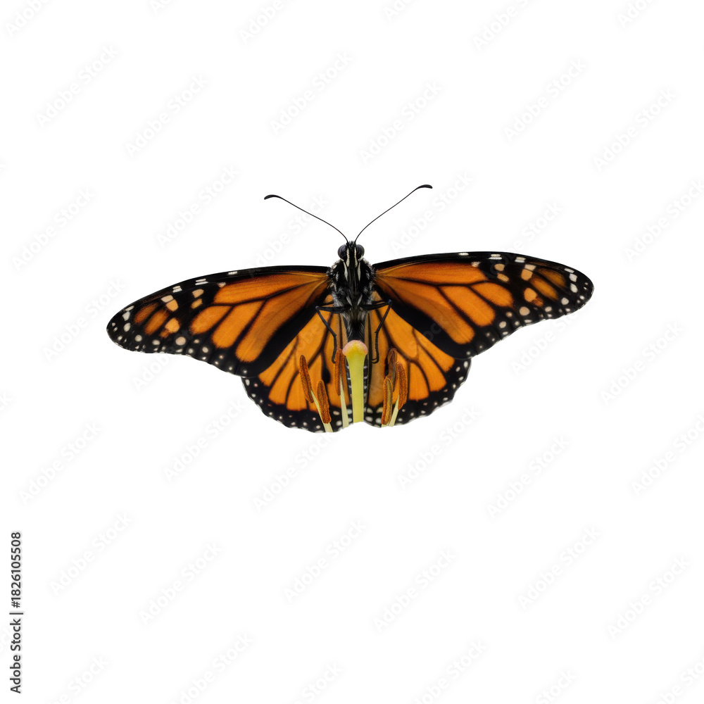 Fototapeta premium Majestic Monarch Butterfly with Intricate Wing Patterns Isolated on Black Background