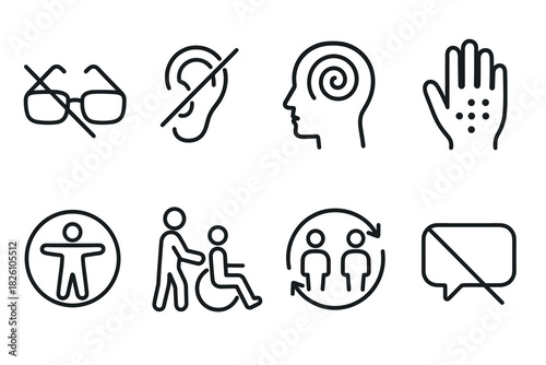 Accessibility icons set hearing, vision, and mobility assistance in outline design