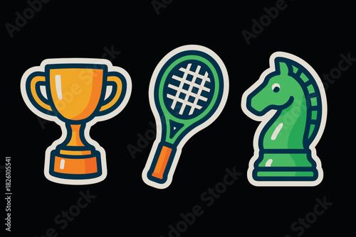 Colorful patch style icons of trophy, tennis racket, and chess knight on black background