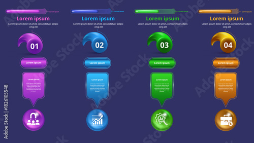 Four-Column Infographic Timeline With Colorful Buttons and Icons for Step-by-Step Process, Business Planning, Project Milestones, Data Presentation, and Modern Visual Communication Design