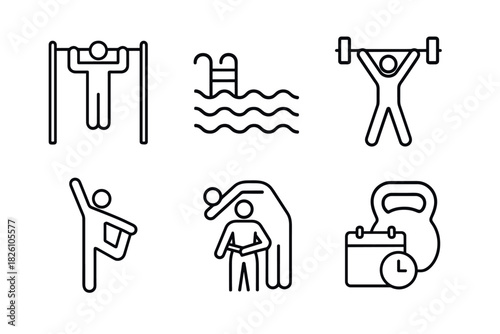 Fitness line icons gym, swimming, yoga, and weightlifting symbols