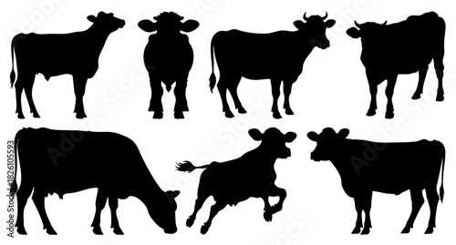 Cow and Cattle Silhouettes Vector Collection in Different Poses with Transparent Background