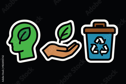 Eco symbol icons green head, leaf hand, recycling bin on black background