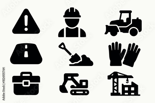 Construction and safety icons set featuring tools, equipment, and worker symbols in bold silhouette style