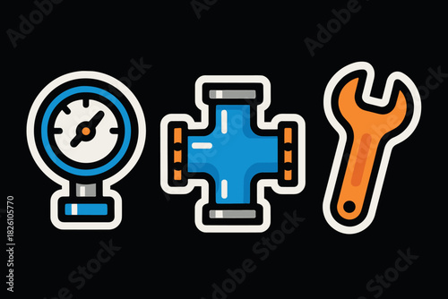 Stylized industrial tool icons featuring gauge, pipe fitting, and wrench on dark background
