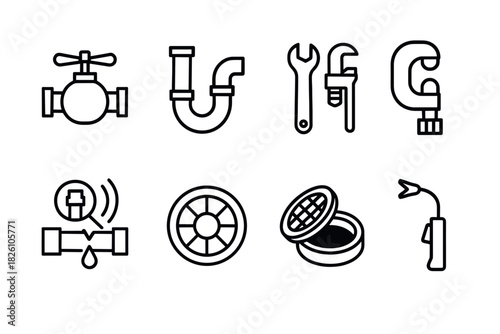 Essential plumbing icons tools, pipes, and repair symbols in linear style