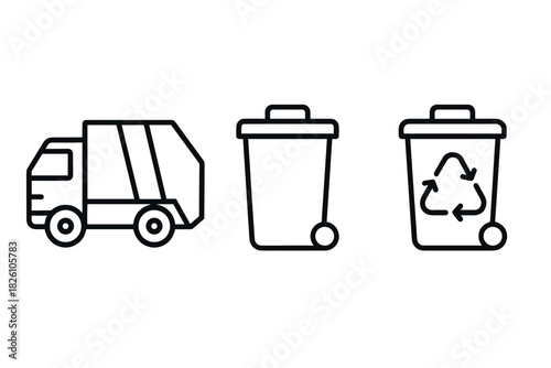 Linear icons of garbage truck and recycling bins for ecofriendly waste management