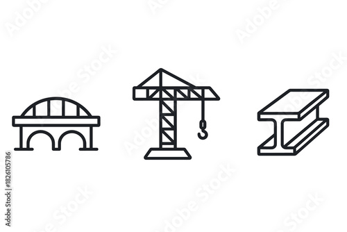 Construction icons showing bridge, crane, and steel beam in linear style