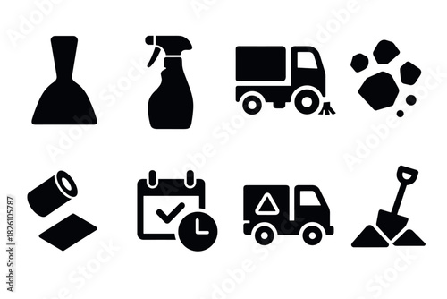 Black silhouette icons of cleaning tools and construction vehicles