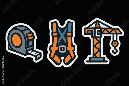 Construction equipment sticker set harness, crane, tape measure icon pack