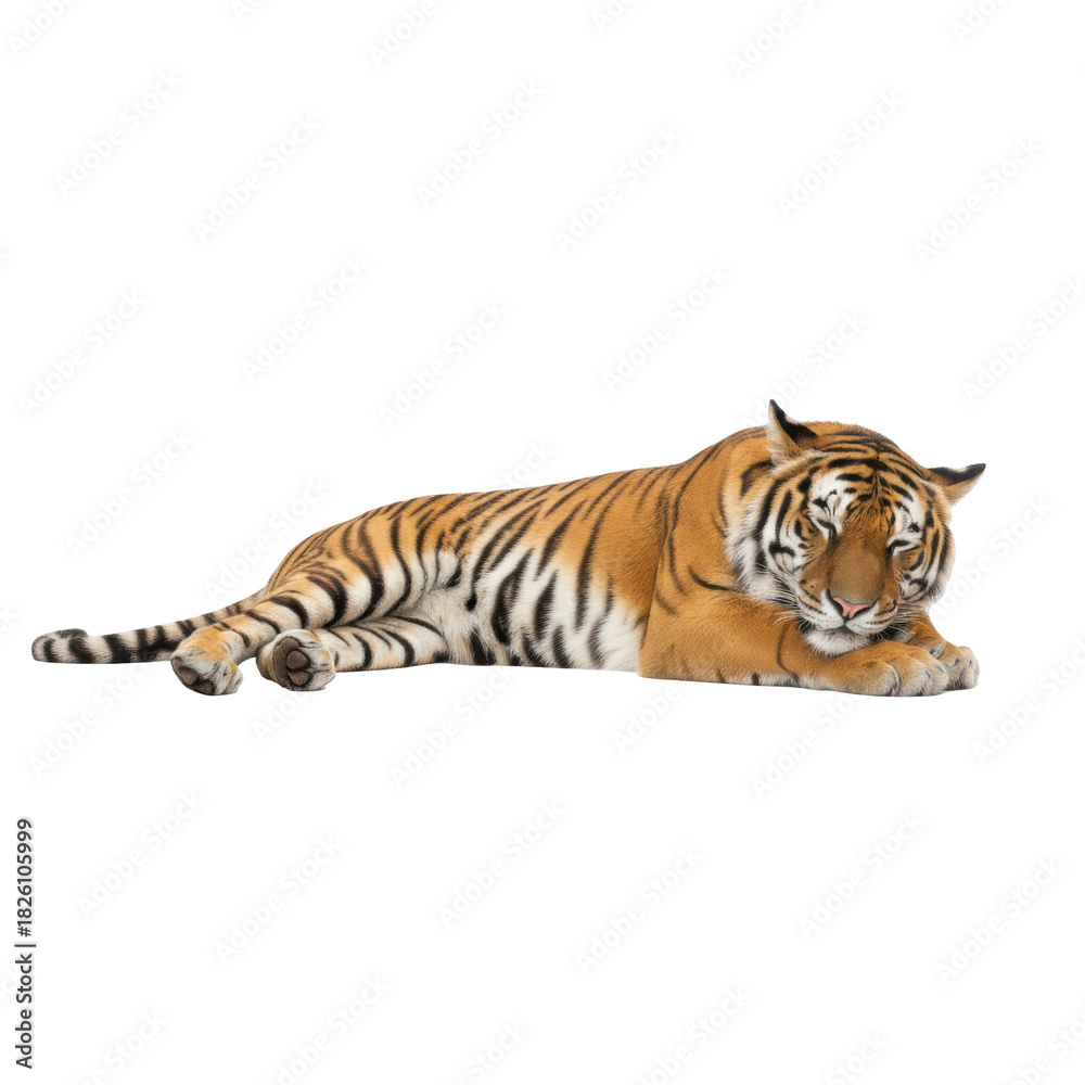 Fototapeta premium Majestic tiger resting peacefully against a stark black background its powerful physique captured