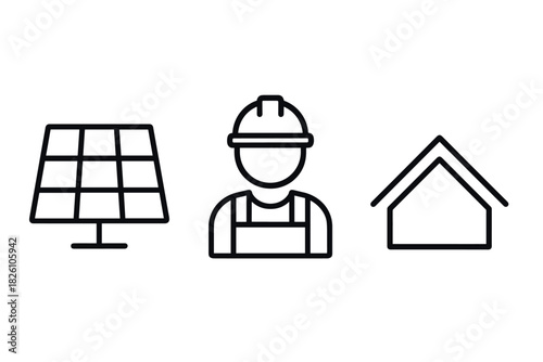 Line art of solar panel, construction worker, and house for green energy themes