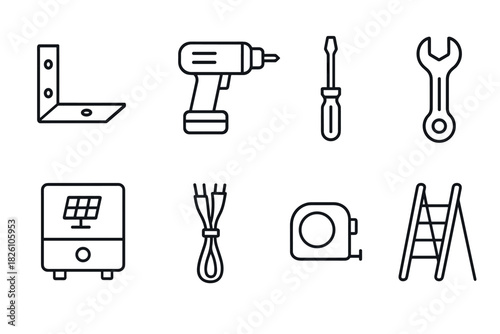 Minimalist tool icon set featuring drill, screwdriver, and ladder