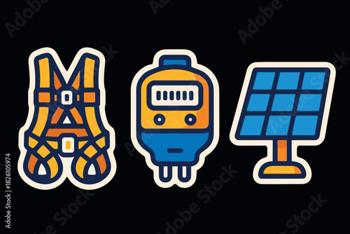 Colorful energy and safety icons featuring harness, electric plug, and solar panel
