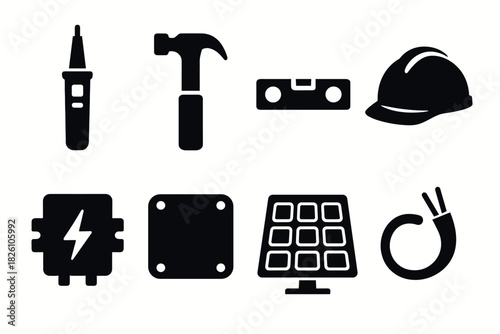 Construction and electrical tools silhouette icons set for industrial projects