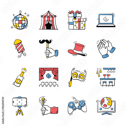 Pack of entertainment icons in modern hand drawn style