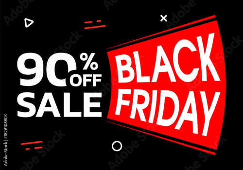 Black Friday sale banner. 90 percent price off. Discount, special offer design template. Promotion, marketing poster. Vector illustration.