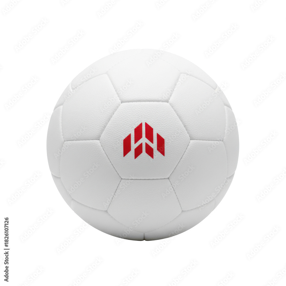 Fototapeta premium Modern White Soccer Ball with Red Emblem on Black Background Minimalist Design