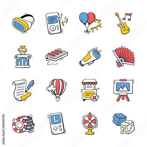 Collection of entertainment icons in modern design style