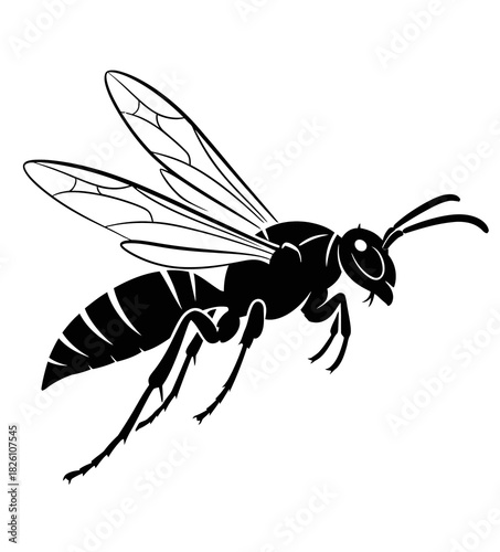 Striking Black and White Illustration of a Wasp in Flight Insect Vector Graphic