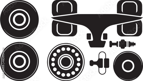 Collection of black and white skateboard parts silhouette icons deck wheels and accessories
