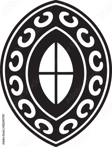 Decorative elongated vector oval frame surrounded by c scroll ornaments featuring central pane subdivision cross