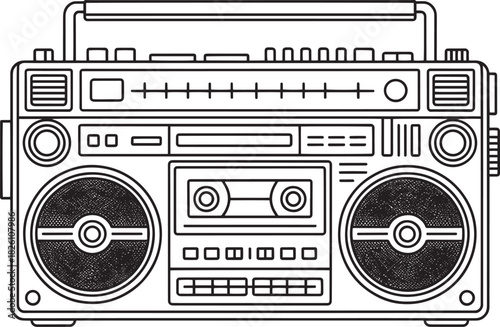 Detailed line art drawing of large portable stereo cassette player boombox on transparent background