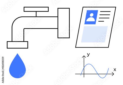 Water usage concept. Elements depict a faucet with a water drop, an ID card, and an analytical graph. Water management ties with identity verification and data trends. For sustainability, data
