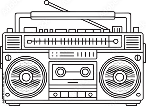Minimalist line drawing of portable cassette player stereo system boombox on transparent background