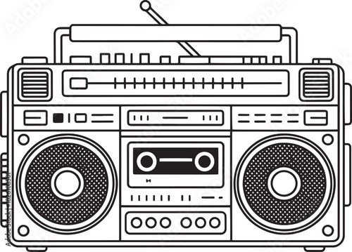 Outline drawing of a large portable cassette player stereo system boombox on transparent background