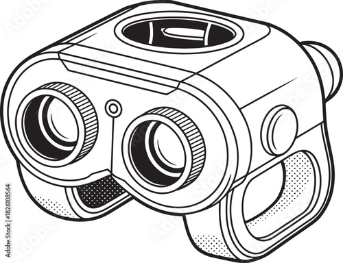 Outline sketch of handheld field glasses or binocular device for viewing distant objects vector illustration.