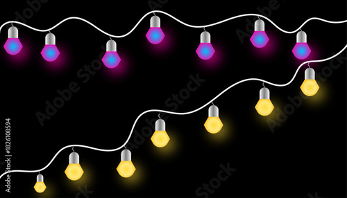 Decorative festive glowing string lights, purple and yellow bulbs