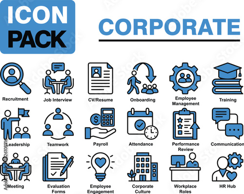 Corporate icon pack featuring various business and human resources related symbols.