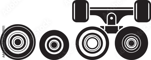 Set of black and white silhouette skateboard trucks and wheels isolated on transparent background