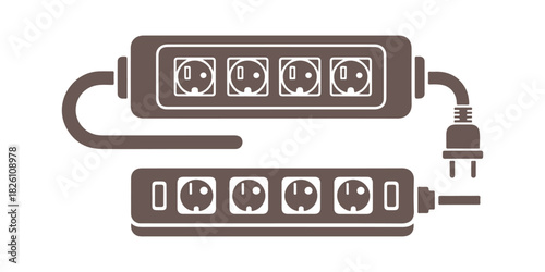 Illustration of an electric extension cord. Features a network filter. Colored silhouette representation. Top front angle view. Simple flat vector graphic. Isolated object against a white background. 