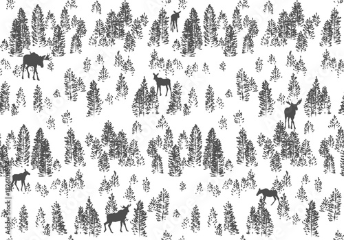 Seamless background with misty forest and moose. 
