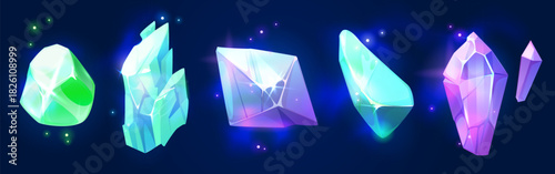 Abstract game crystals set for user interface design. Vector cartoon illustration of neon color gem stones, sparkling diamond, shimmering ice rock, fantasy magic jewels, treasure gaming assets