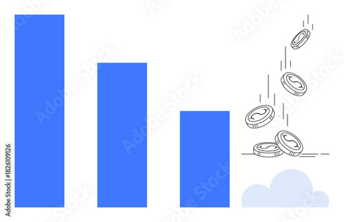 Bar graph decreasing in height beside falling coins merging into cloud. Ideal for finance, economy, business risk, savings, investment, financial crisis, wealth management. Simple flat metaphor