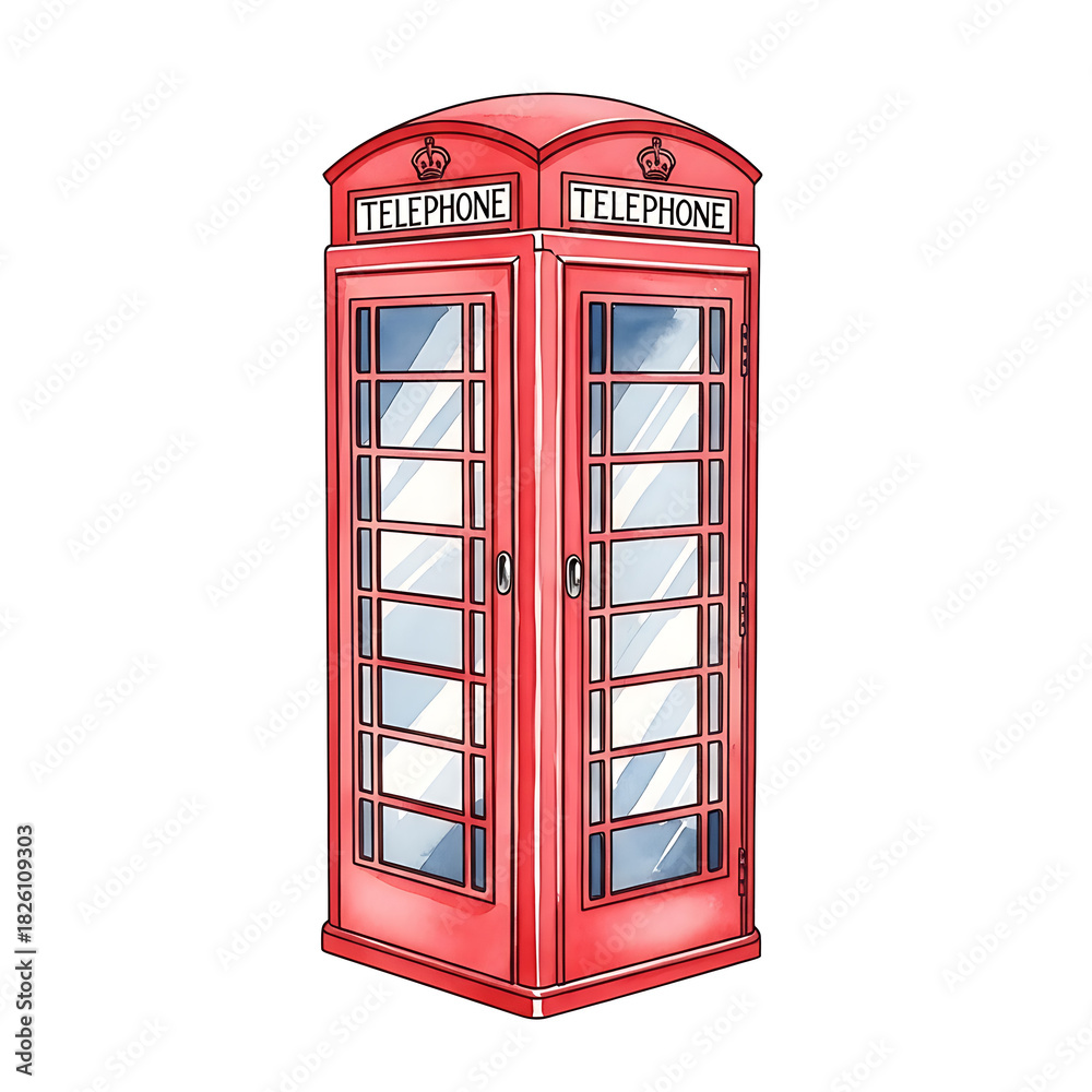 Obraz premium Illustration of a Classic Red Telephone Booth in an Urban Setting, Clipart, Isolated on White Background